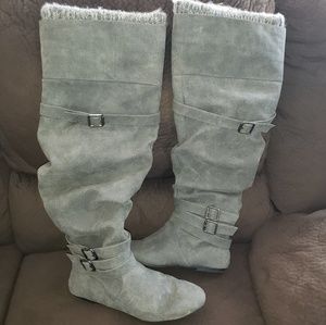 Grey knee high boots